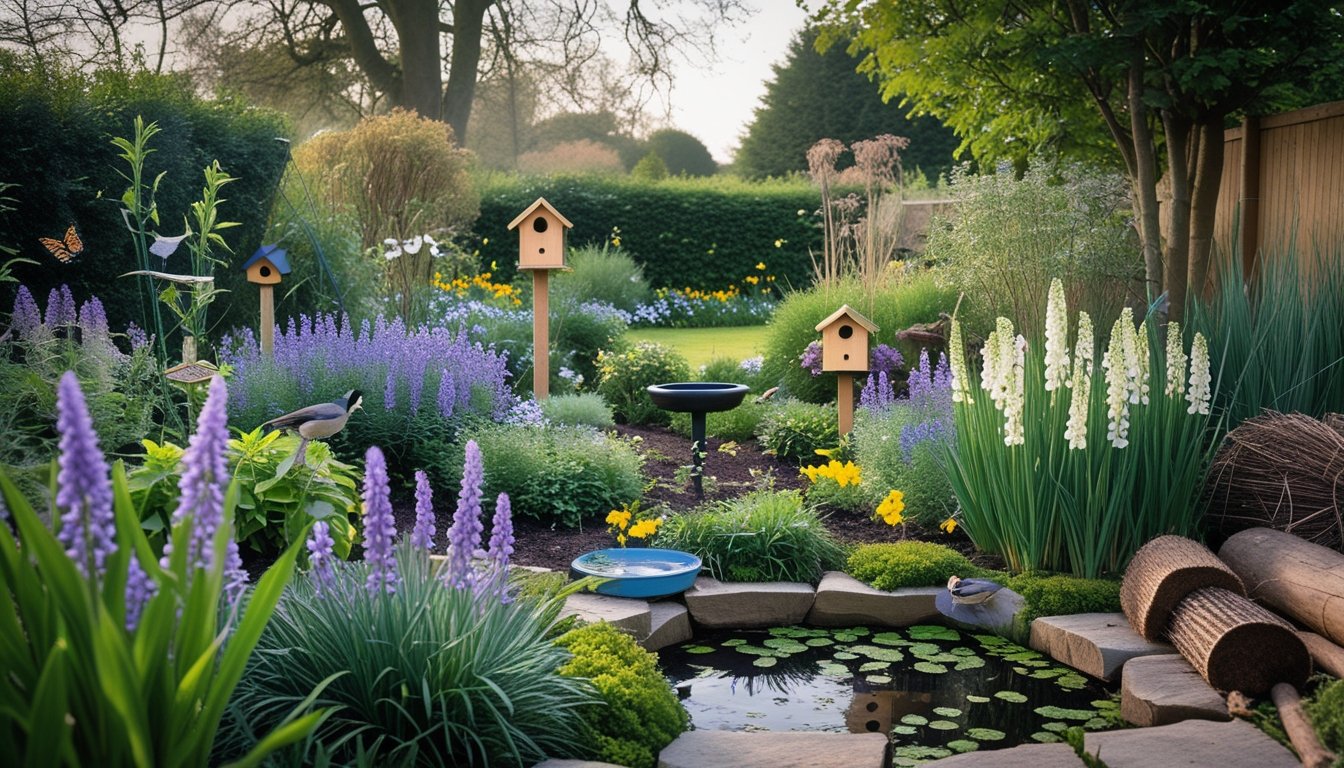 A UK garden with native plants, a small pond, bird feeders, and wildlife including birds, butterflies, and a hedgehog.