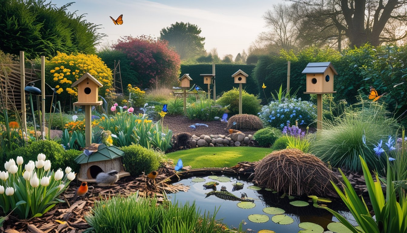 A UK garden with diverse plants, bird feeders, a pond, and various wildlife including birds, butterflies, and small mammals among seasonal flowers and greenery.