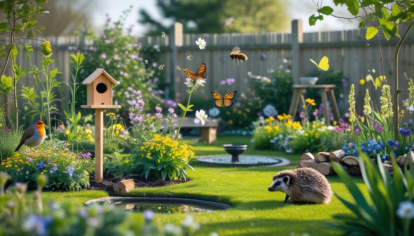A UK garden with native plants, a robin on a bird feeder, a bumblebee near flowers, a butterfly on a blossom, and a hedgehog by a log pile.