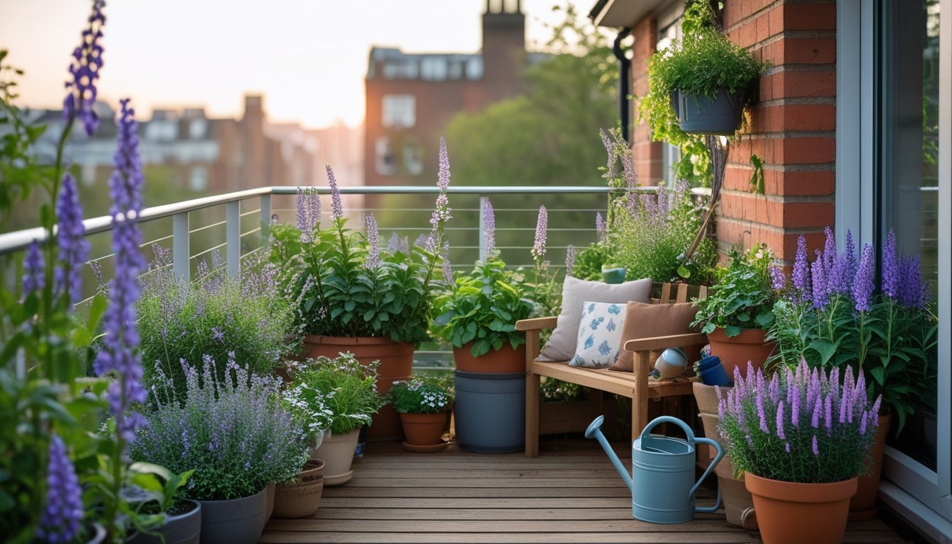 A small balcony garden with wooden decking, pots of native UK plants, a bench with cushions, and gardening tools, overlooking a cityscape.