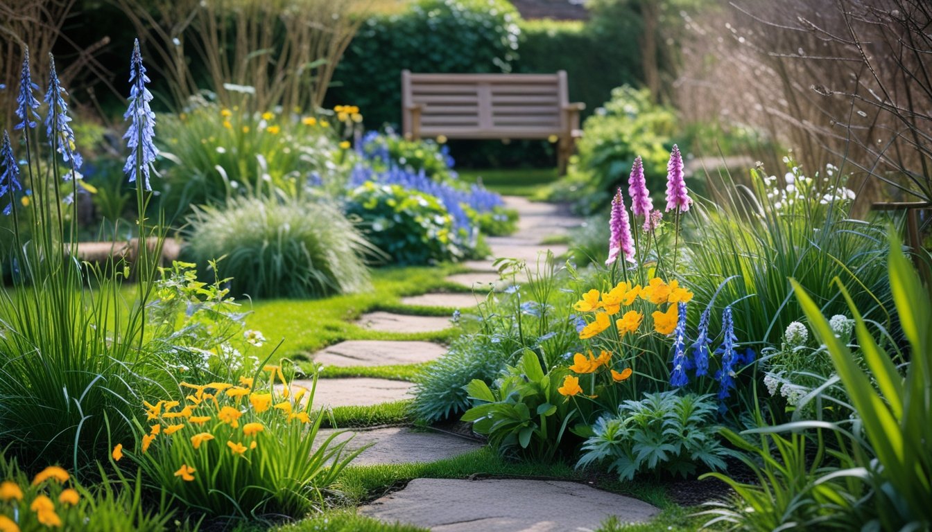 A colourful UK garden filled with native seasonal plants and flowers, featuring a wooden bench and stone path under soft sunlight.