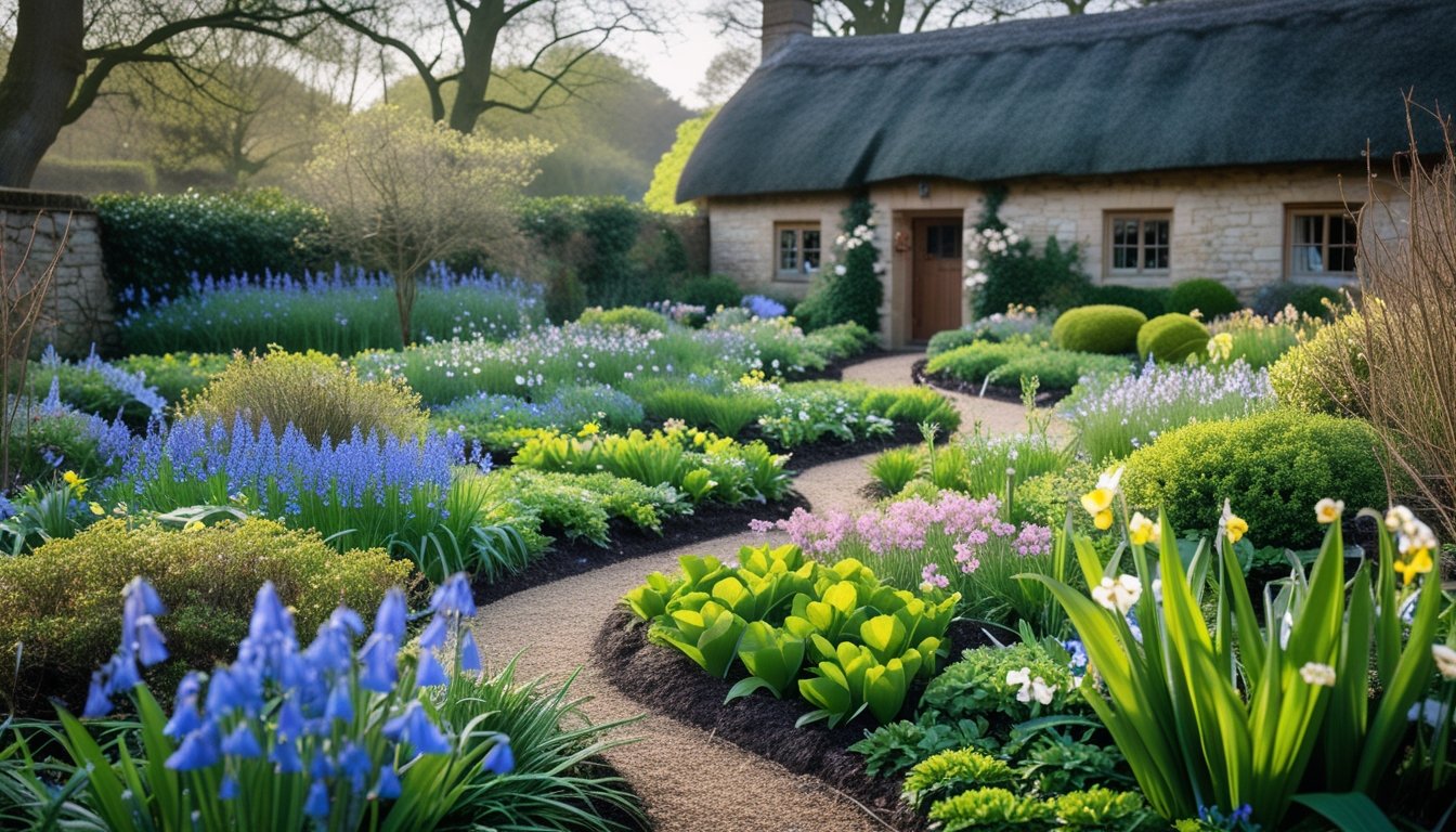 A vibrant UK garden with native seasonal plants in bloom, a winding path, and a traditional cottage in the background.