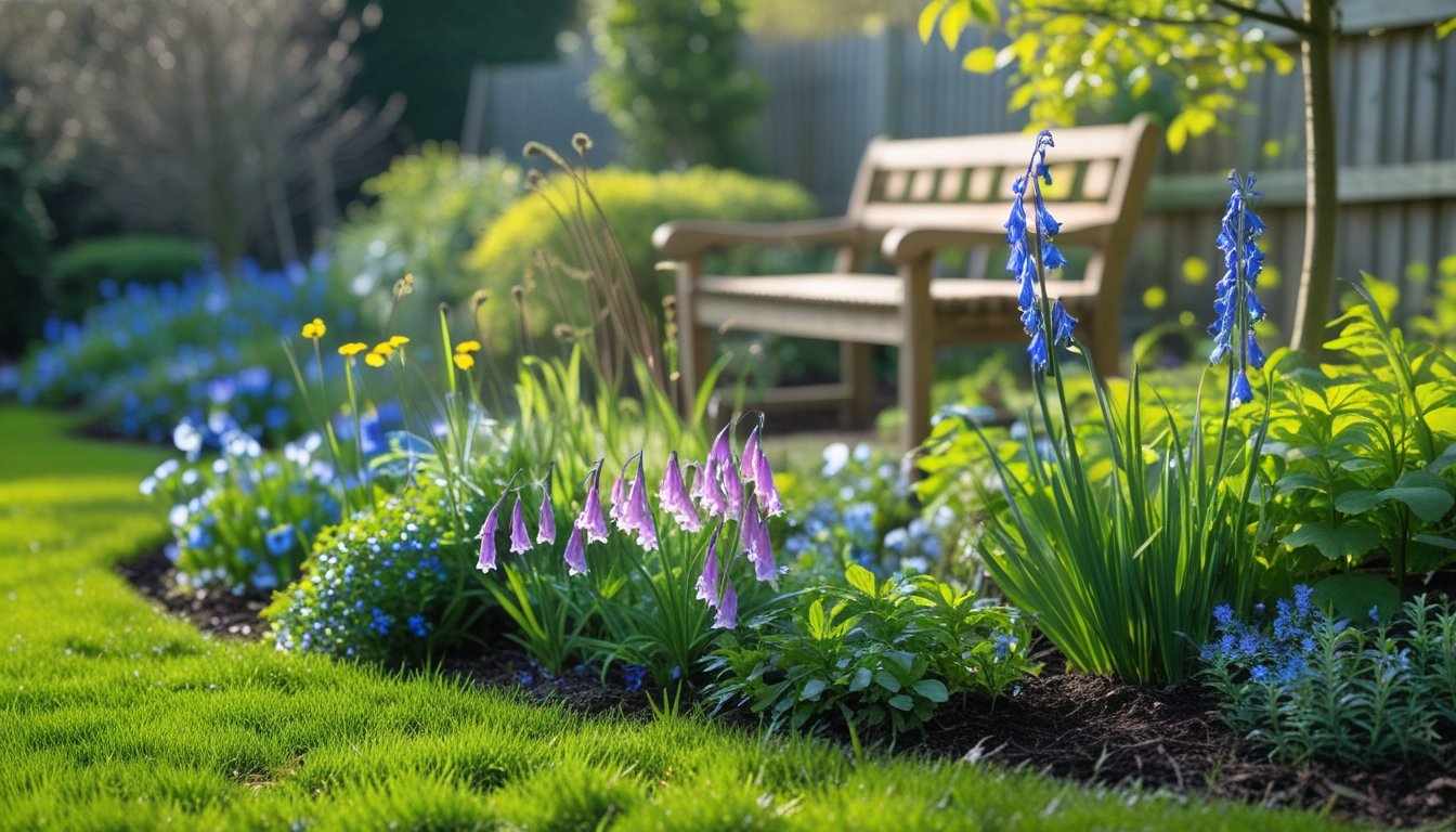 A colourful UK garden with native seasonal plants in bloom, featuring wildflowers, shrubs, a wooden bench, and a rustic fence.