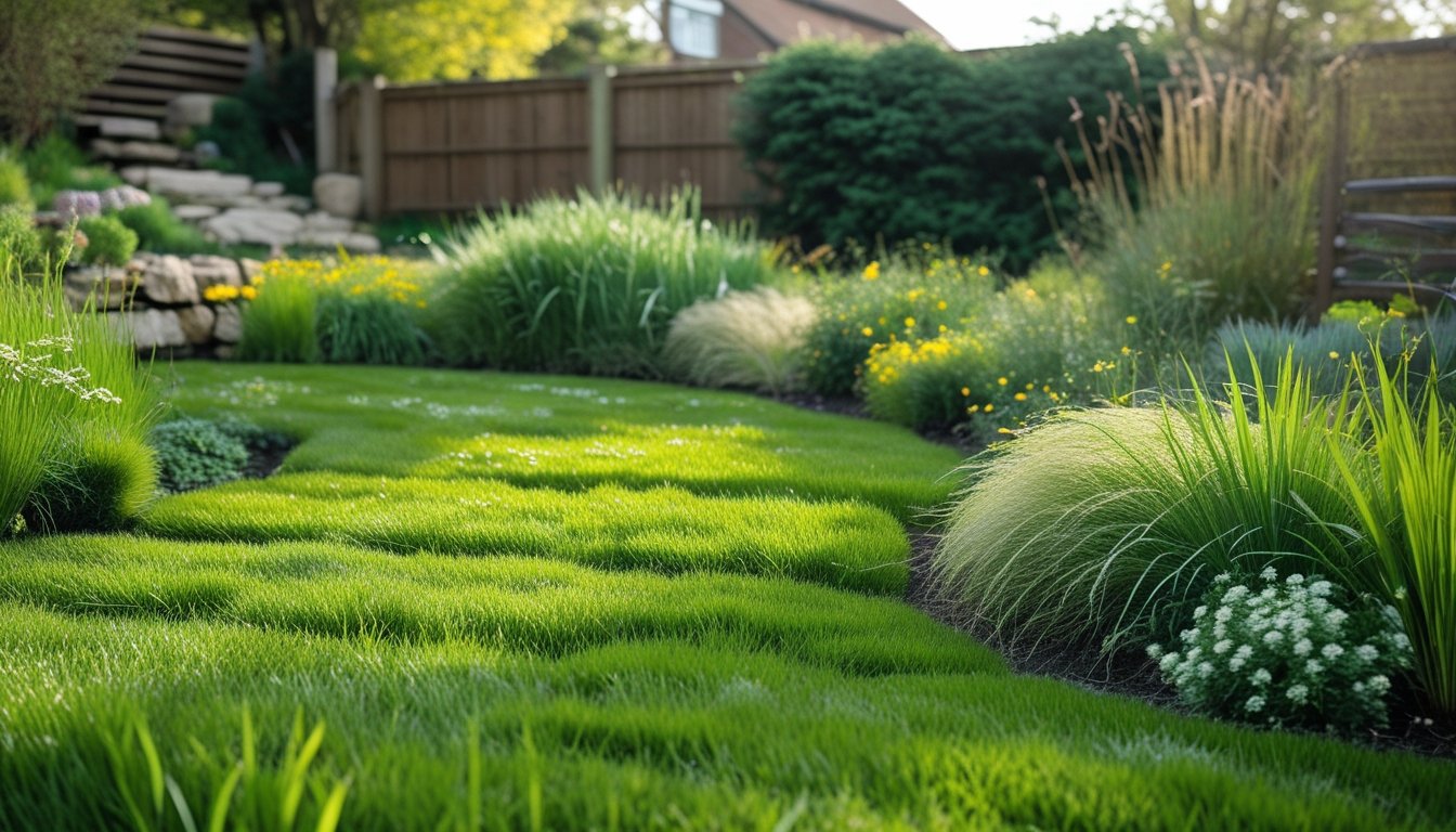 A healthy native UK lawn with green grass and wildflowers in a garden with a stone path and wooden fence.