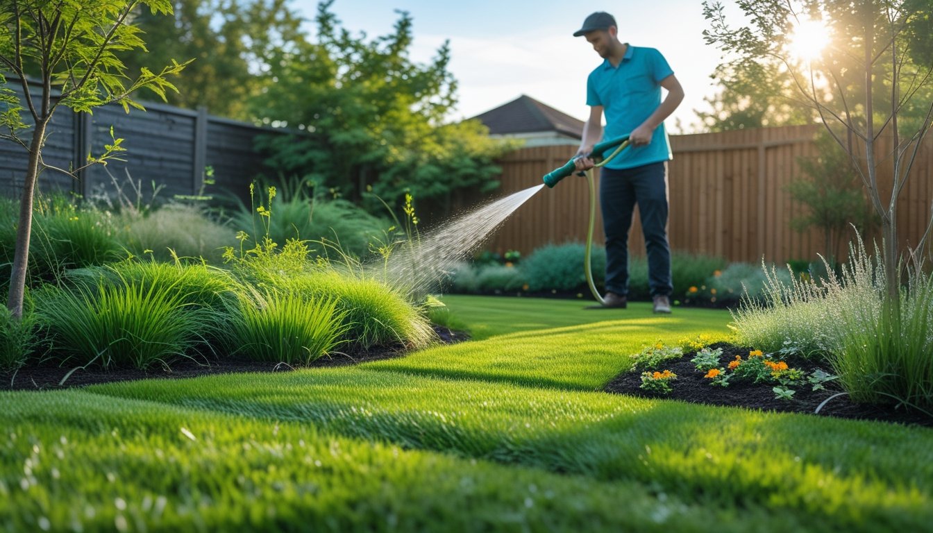 A gardener watering a lush native UK lawn with native plants and shrubs in a suburban garden.