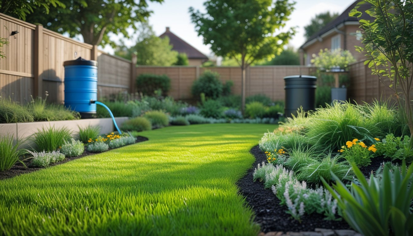 A green native UK lawn with drought-resistant plants, rainwater barrel, and drip irrigation system in a suburban garden.
