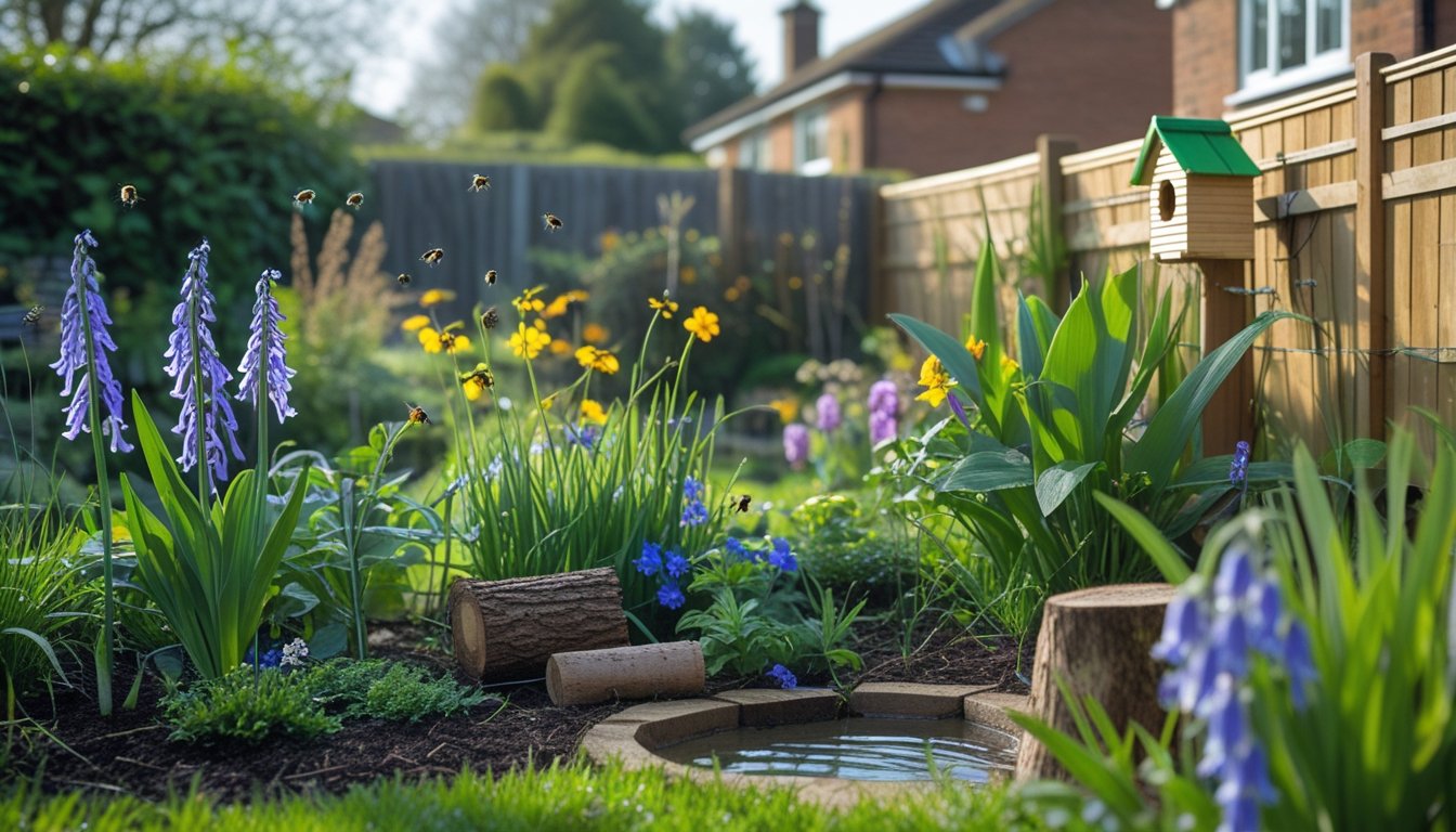 A native UK garden with wildflowers, bees, a ladybird, a small bird on a fence, a log pile, and a birdhouse in a residential garden.