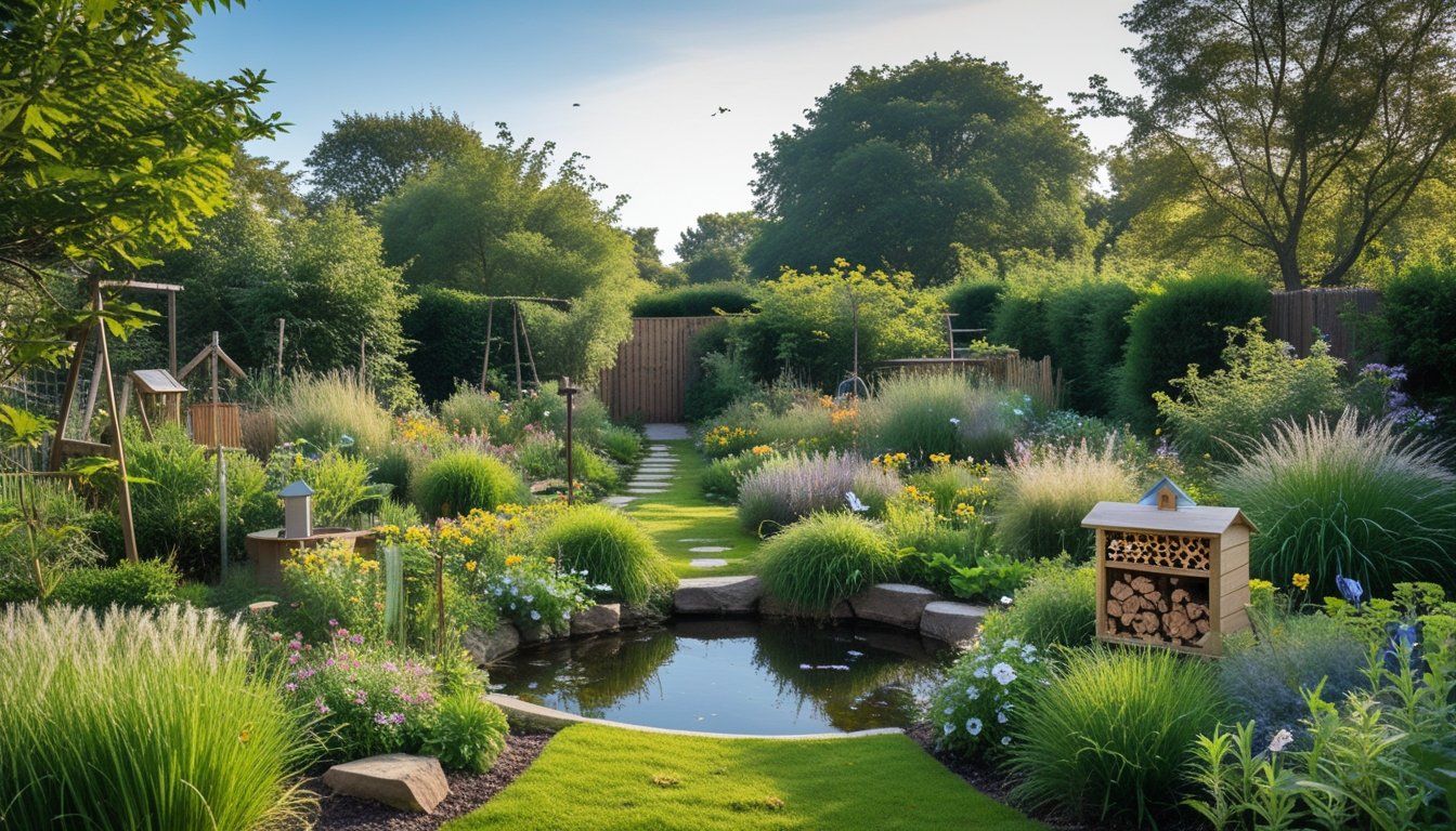 A home garden in the UK with native plants, a pond, birdhouse, and insects, showing a natural habitat for wildlife.