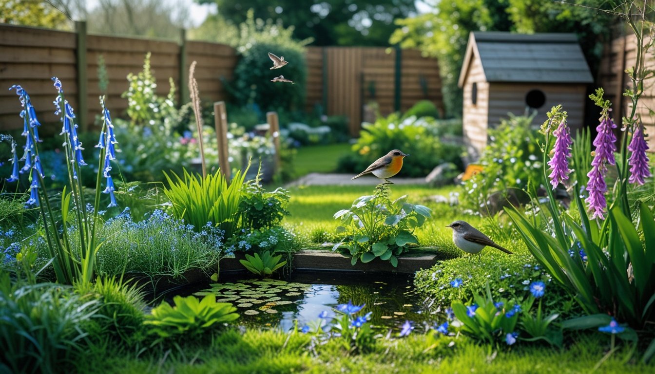 A UK home garden with native plants, a small pond, and birds feeding, showing a diverse natural habitat.