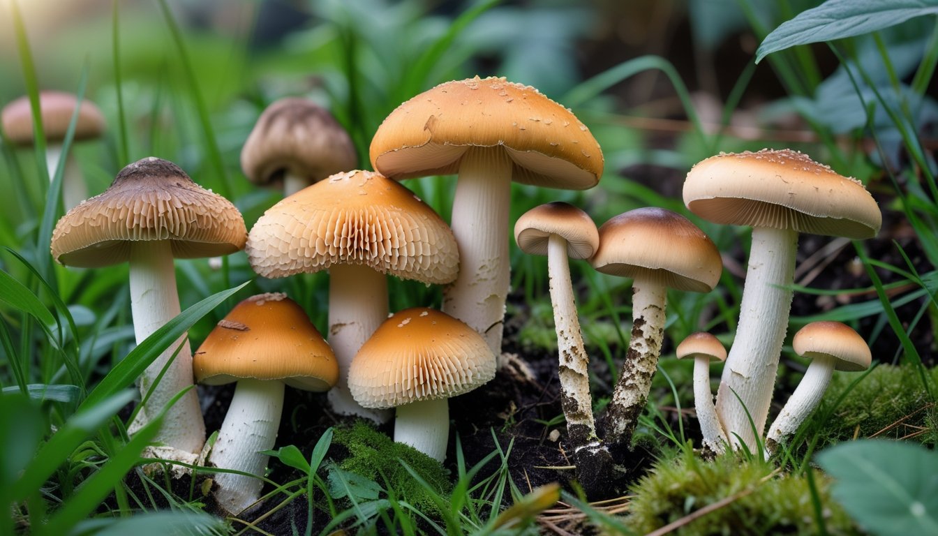 Various wild edible mushrooms growing naturally in a green UK garden setting with grass and soil.