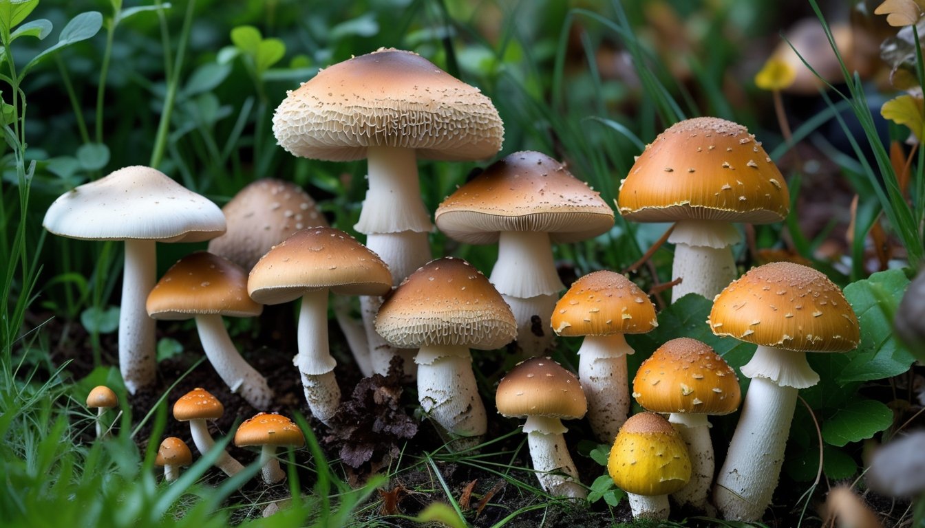 Various wild edible and cautionary fungi growing naturally in a UK garden setting on grass and soil.