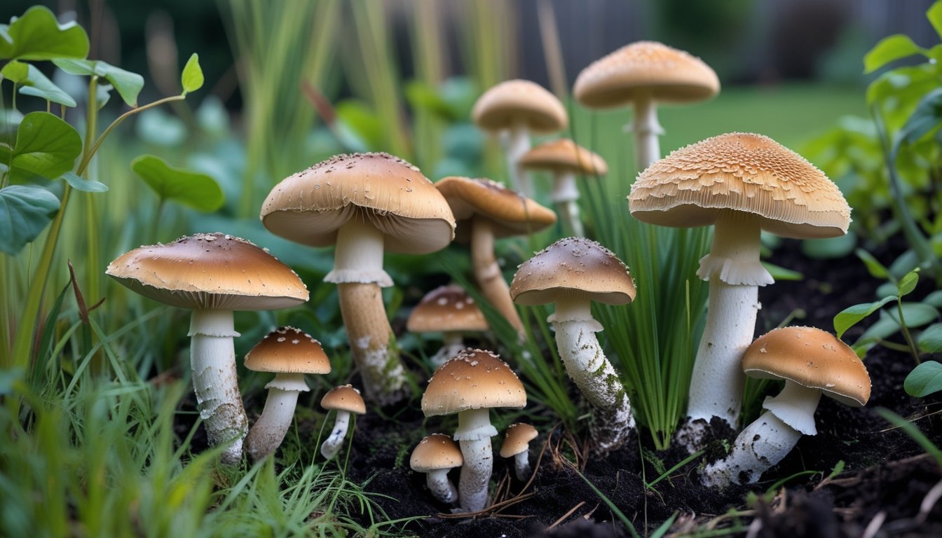 Various wild edible mushrooms growing naturally in a green UK garden with grass and plants around them.