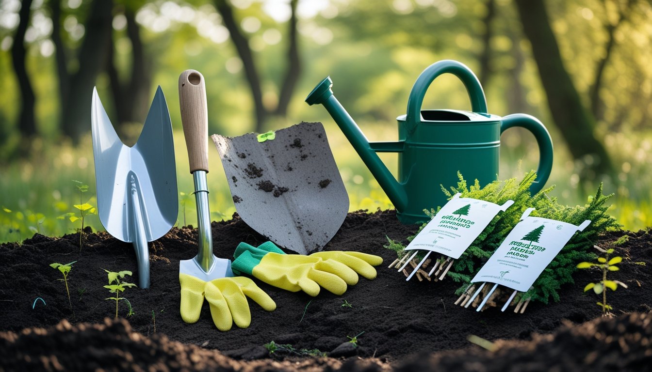 A collection of tree planting tools and native UK tree saplings arranged on soil outdoors with woodland in the background.