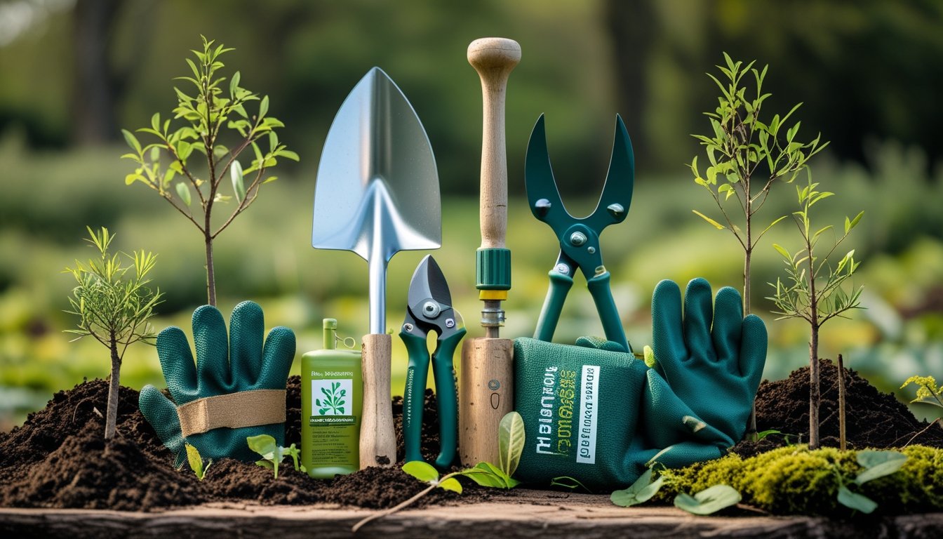 A collection of gardening tools and young native UK tree saplings arranged outdoors on a wooden surface with soil and natural elements.