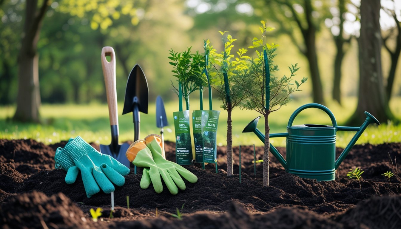 Gardening tools and young native UK tree saplings arranged on soil with a woodland background.