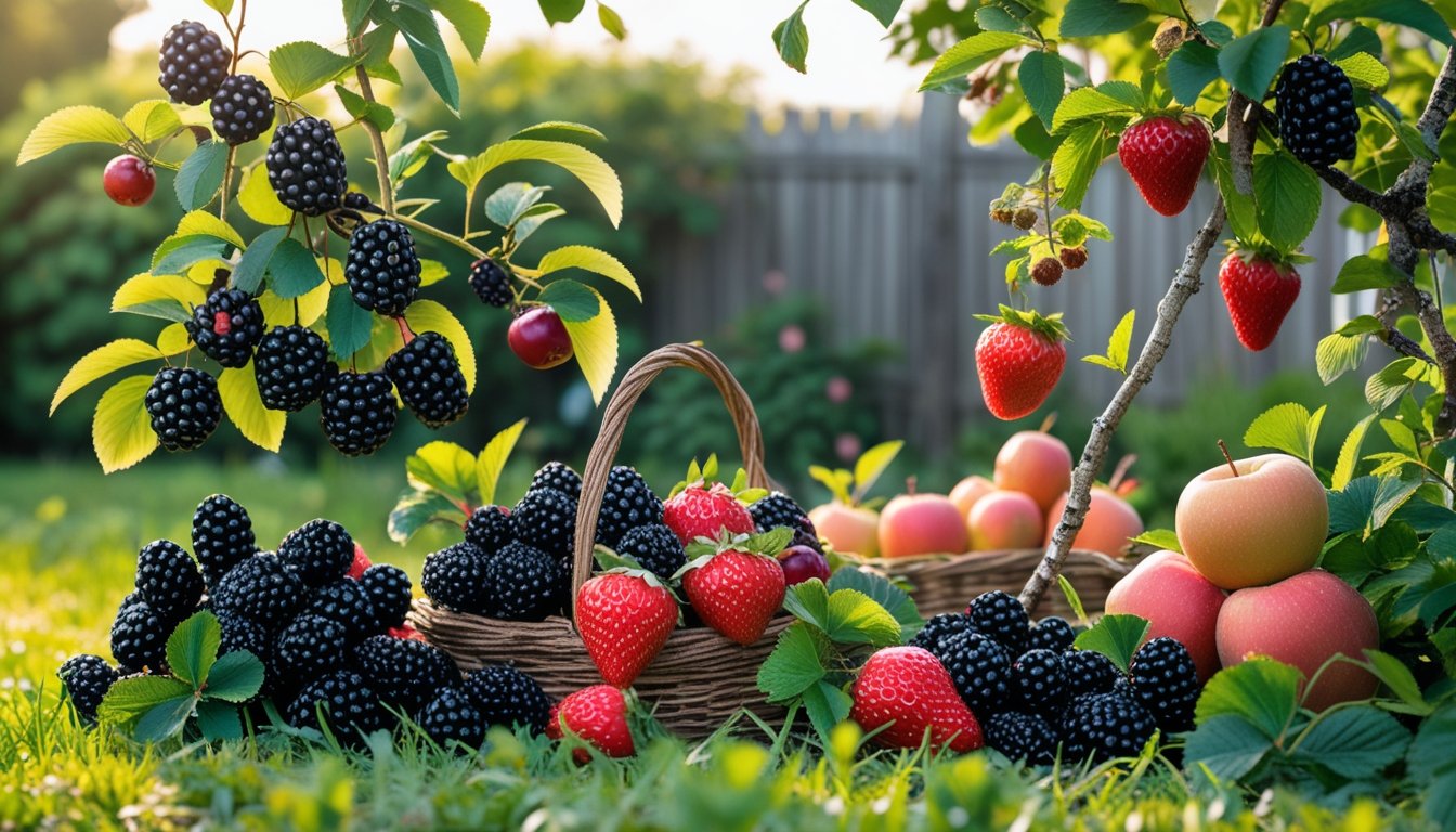 A garden scene displaying various ripe native UK fruits like blackberries, elderberries, crab apples, damsons, and wild strawberries growing on bushes and trees with green leaves.