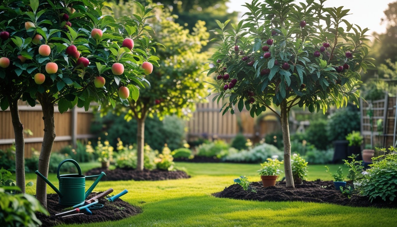 A garden with healthy native UK fruit trees bearing ripe fruits, surrounded by green grass and gardening tools, with a wooden fence and cottage garden in the background.