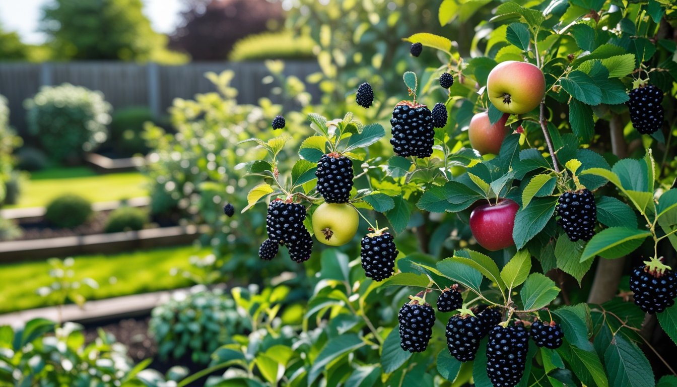 A garden with various native UK fruit plants bearing ripe fruits like blackberries, elderberries, crab apples, and damsons among green leaves.
