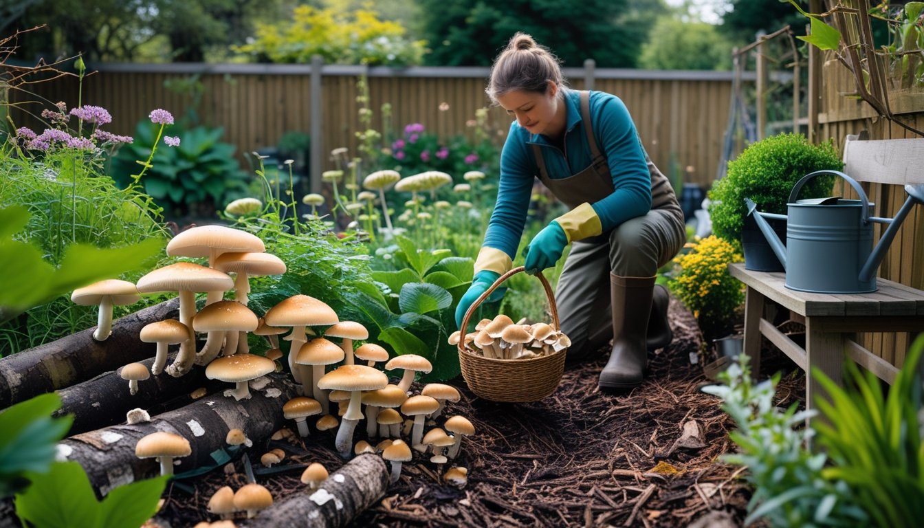 A gardener inspecting wild edible mushrooms growing on logs in a UK garden surrounded by green plants and gardening tools.