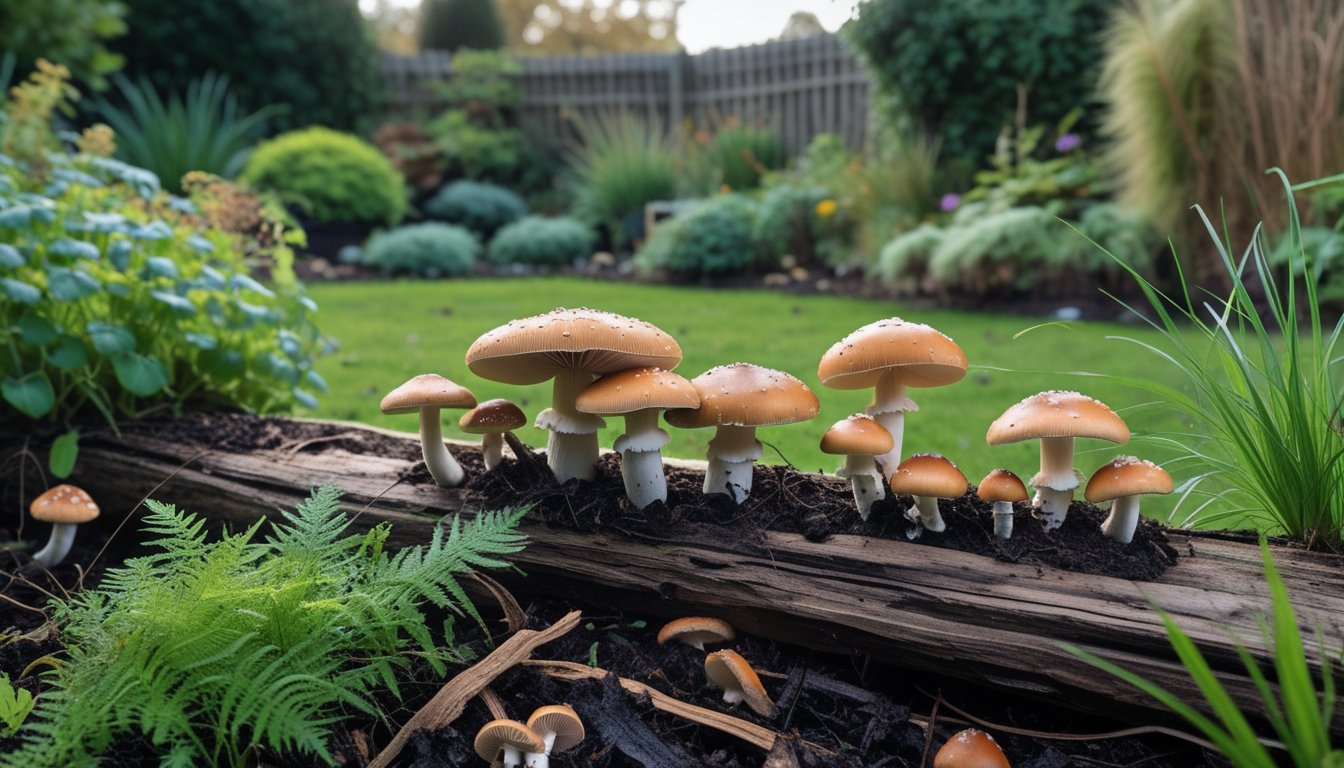 Close-up of wild edible mushrooms growing on soil and wood in a UK garden with green plants and grass around.