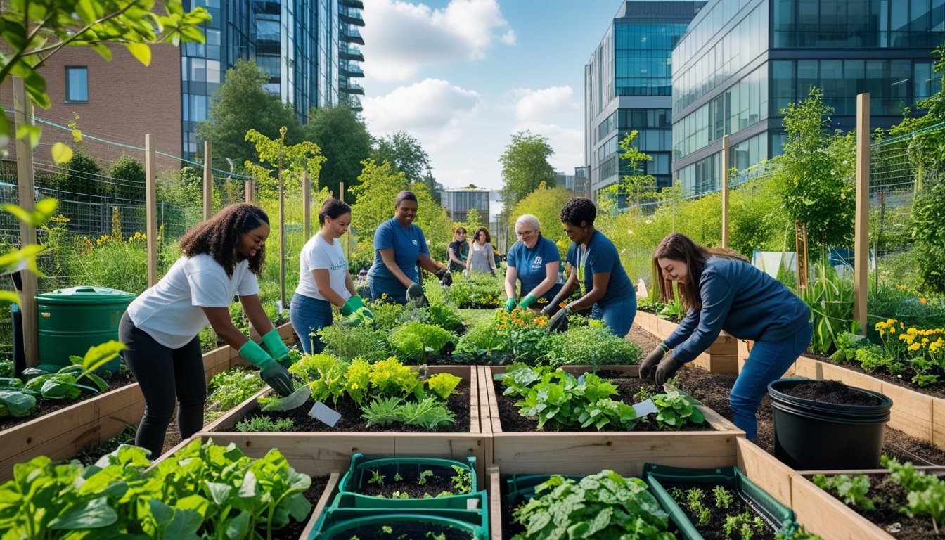 People working together in a community urban garden with plants, flowers, and city buildings in the background.