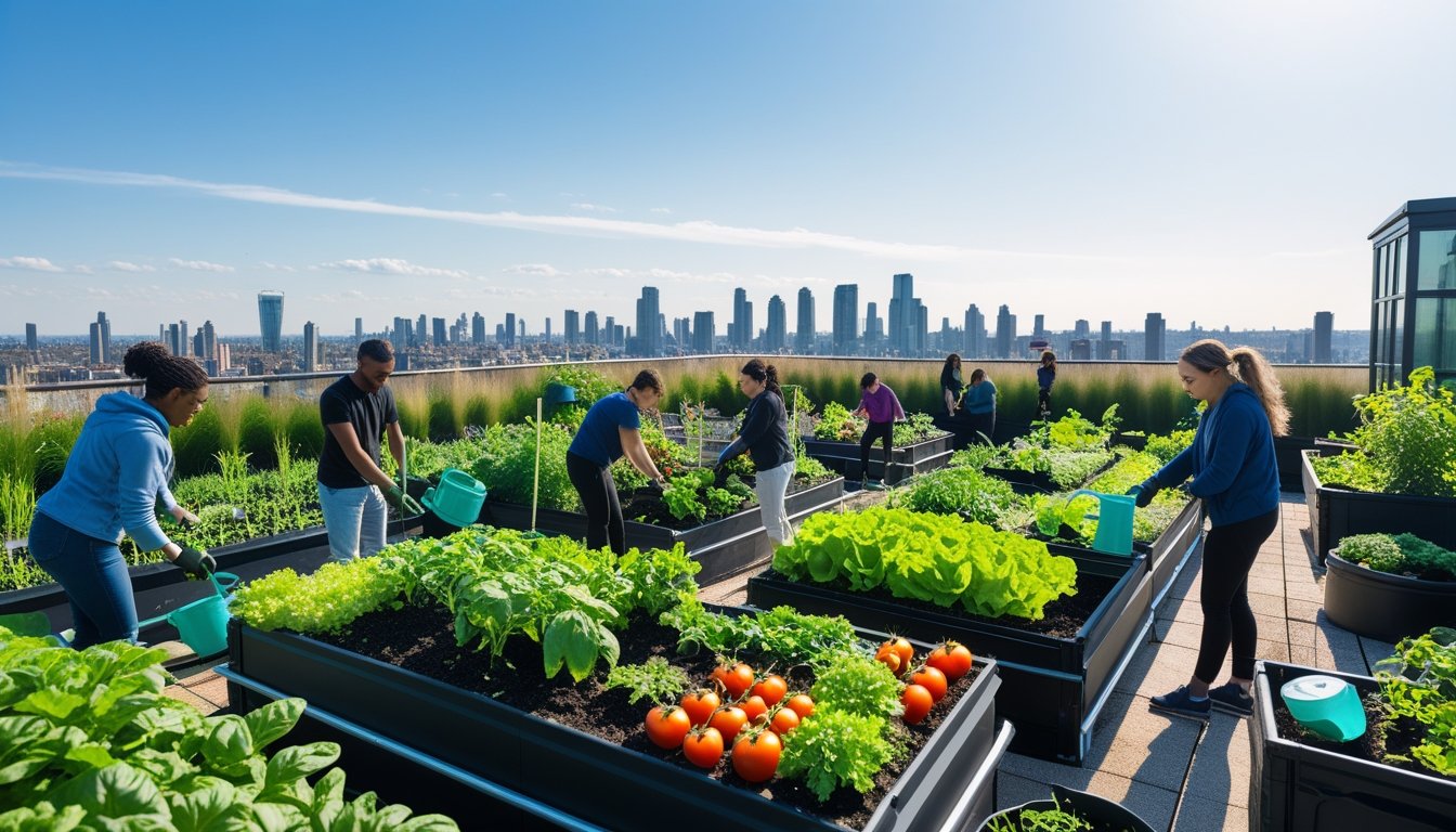 People tending to a rooftop urban food garden with fresh vegetables and city buildings in the background.
