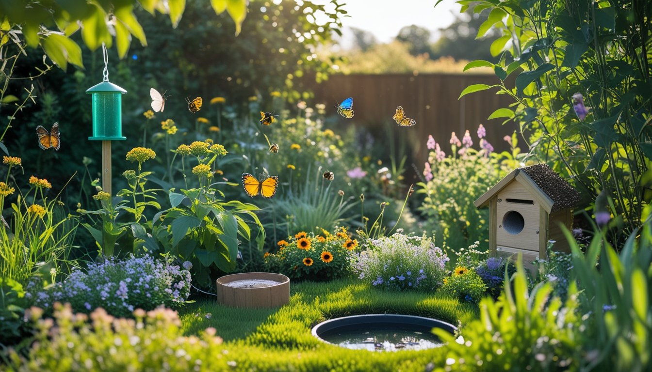 A UK garden with native plants, wildflowers, birds, bees, butterflies, and an insect hotel supporting wildlife.