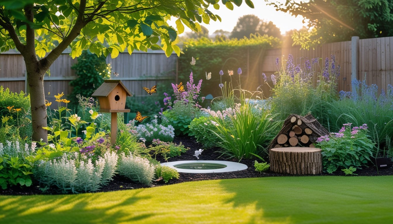 A UK garden with native plants, flowers, a birdhouse, birdbath, and insect hotel attracting wildlife.