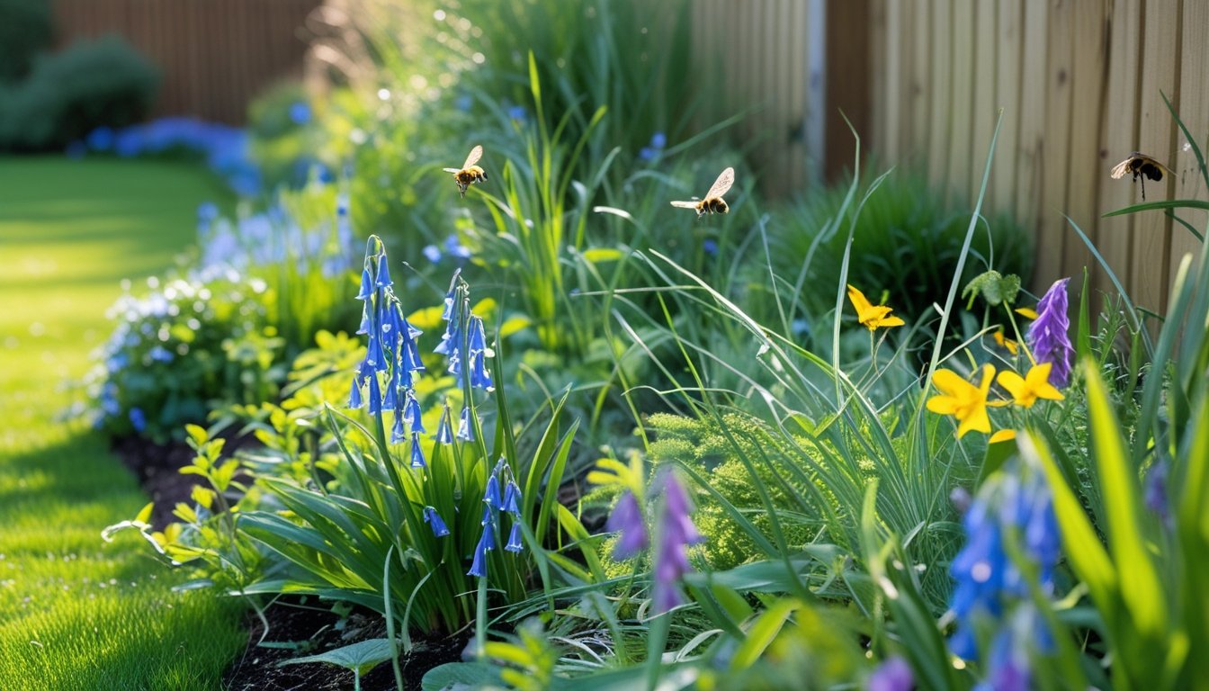 A garden edge planted with native UK wildflowers and grasses, with bees and butterflies among the plants.