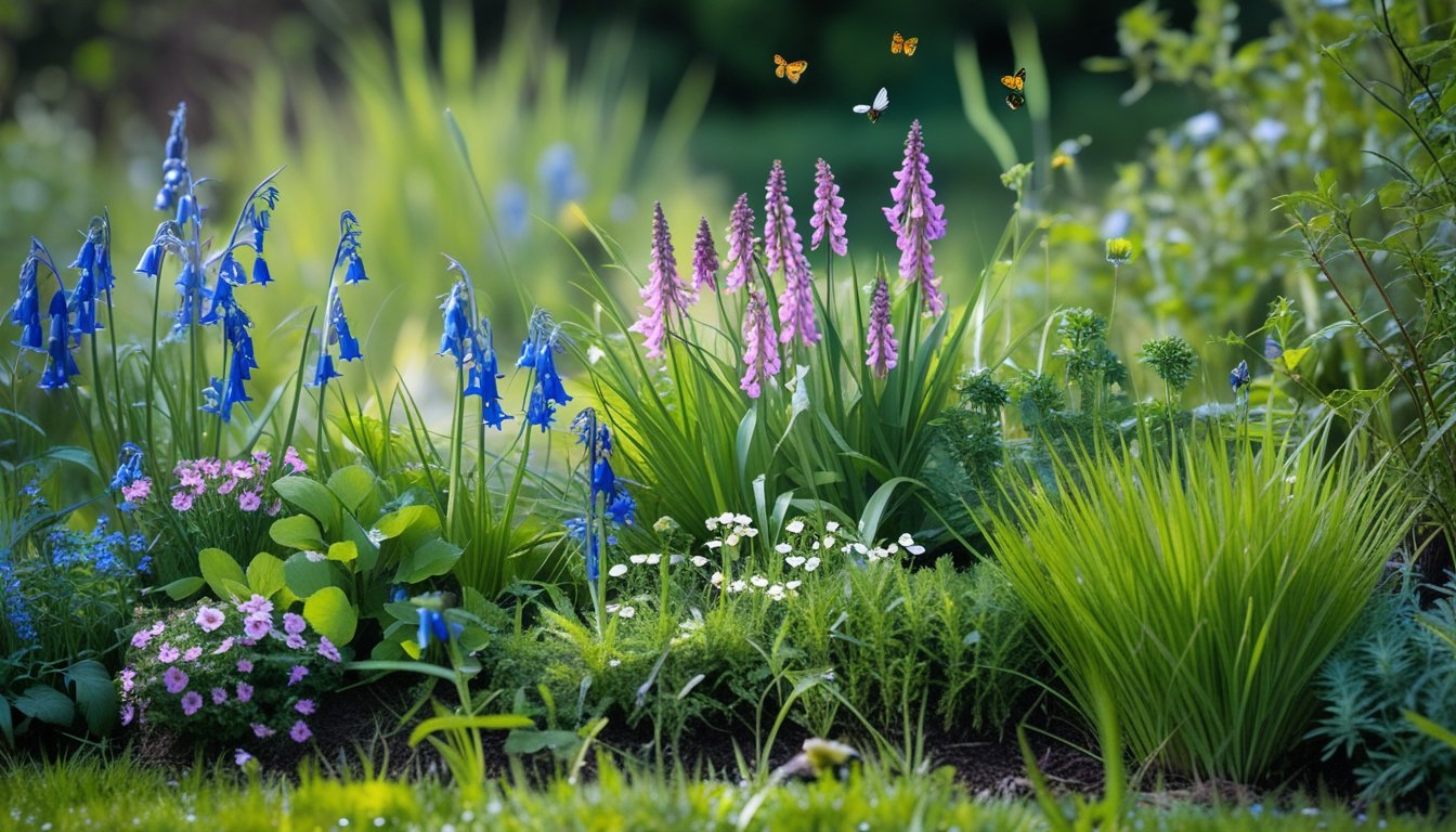 A colourful garden edge filled with native UK wildflowers, grasses, and shrubs with bees and butterflies among the plants.