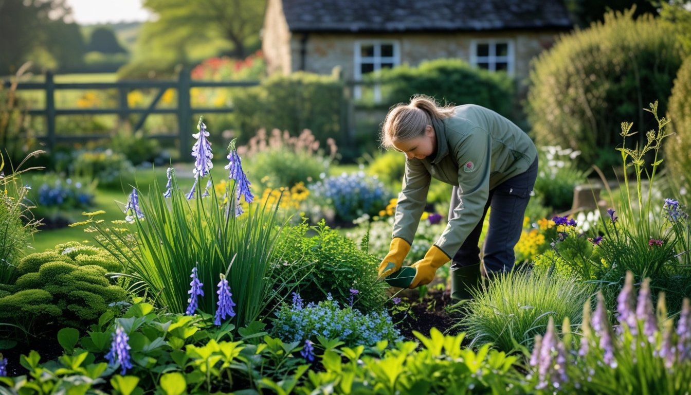 A gardener tending to a colourful native plant garden with wildflowers and shrubs near a British countryside cottage.