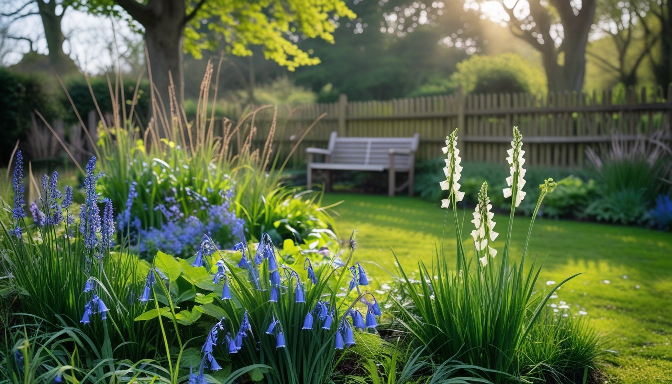A UK garden with native plants like bluebells and foxgloves, a wooden bench, and a picket fence surrounded by trees and greenery in daylight.