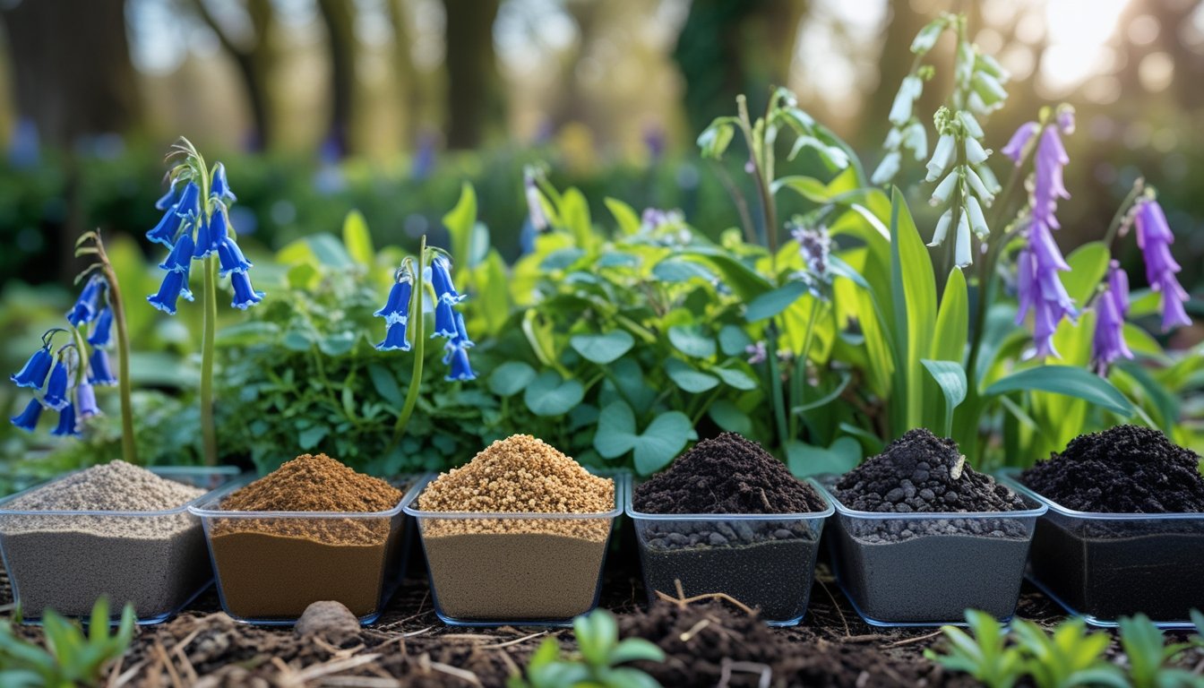 Close-up of different soil types next to healthy UK native plants in a garden setting.