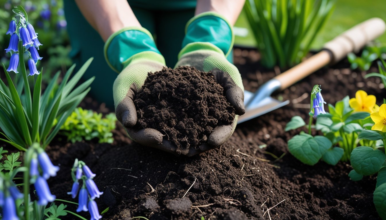 Close-up of hands holding dark soil in a UK native plant garden with green plants and flowers around.