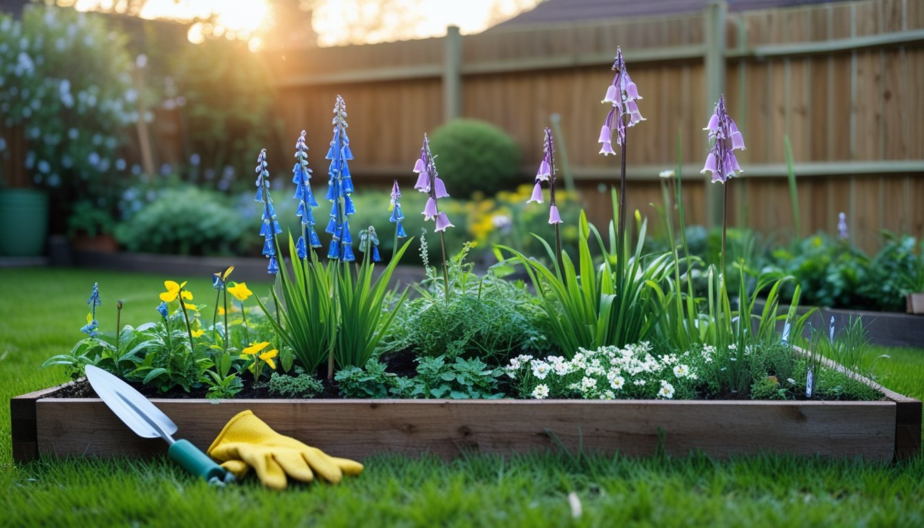 A garden bed with various native UK plants including bluebells and primroses, with gardening tools nearby and a wooden fence in the background.