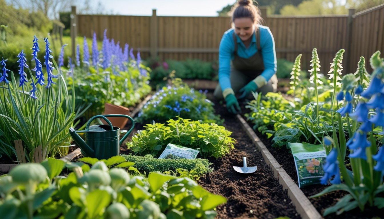 A person gardening in a small plot with native UK plants like bluebells and wildflowers under a clear sky.