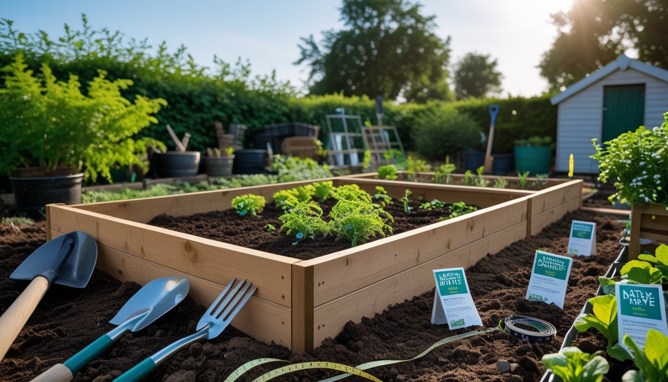 A garden scene showing a wooden raised bed being built with gardening tools and native UK plants nearby.