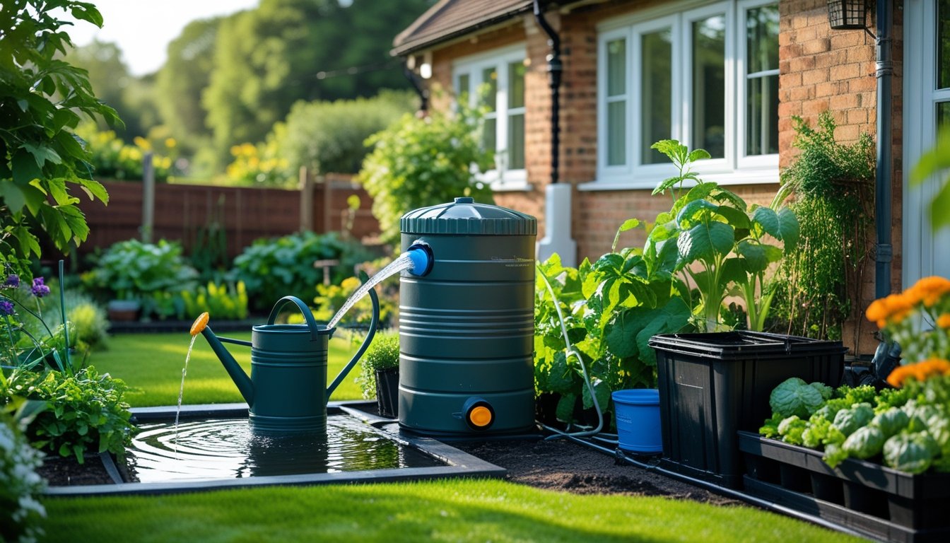 A UK garden with a rainwater collection barrel next to a brick house, surrounded by plants and a vegetable patch.