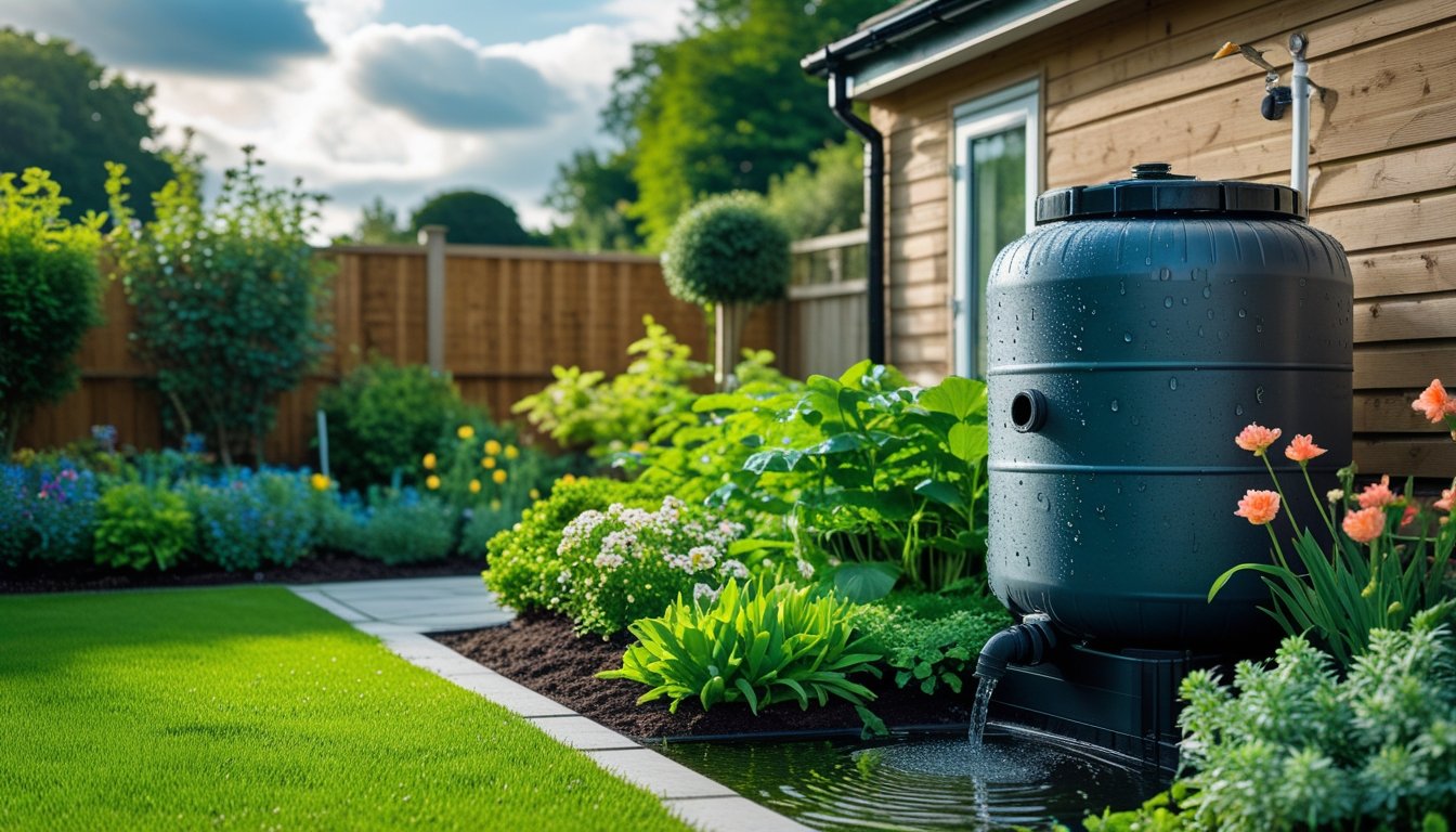 A UK garden with a rainwater collection barrel next to a house, surrounded by green plants and a wooden fence under a partly cloudy sky.