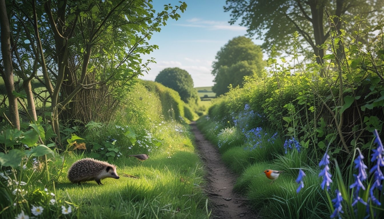A green wildlife corridor in the UK with native plants, trees, and small animals like a hedgehog and robin in a countryside setting.