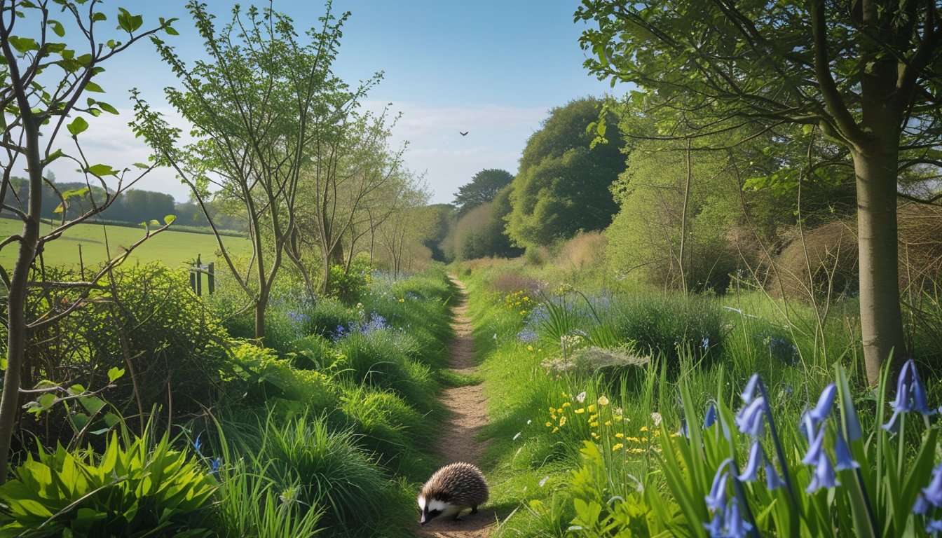 A green wildlife corridor in the UK with native plants and small animals like birds and butterflies among trees and wildflowers.