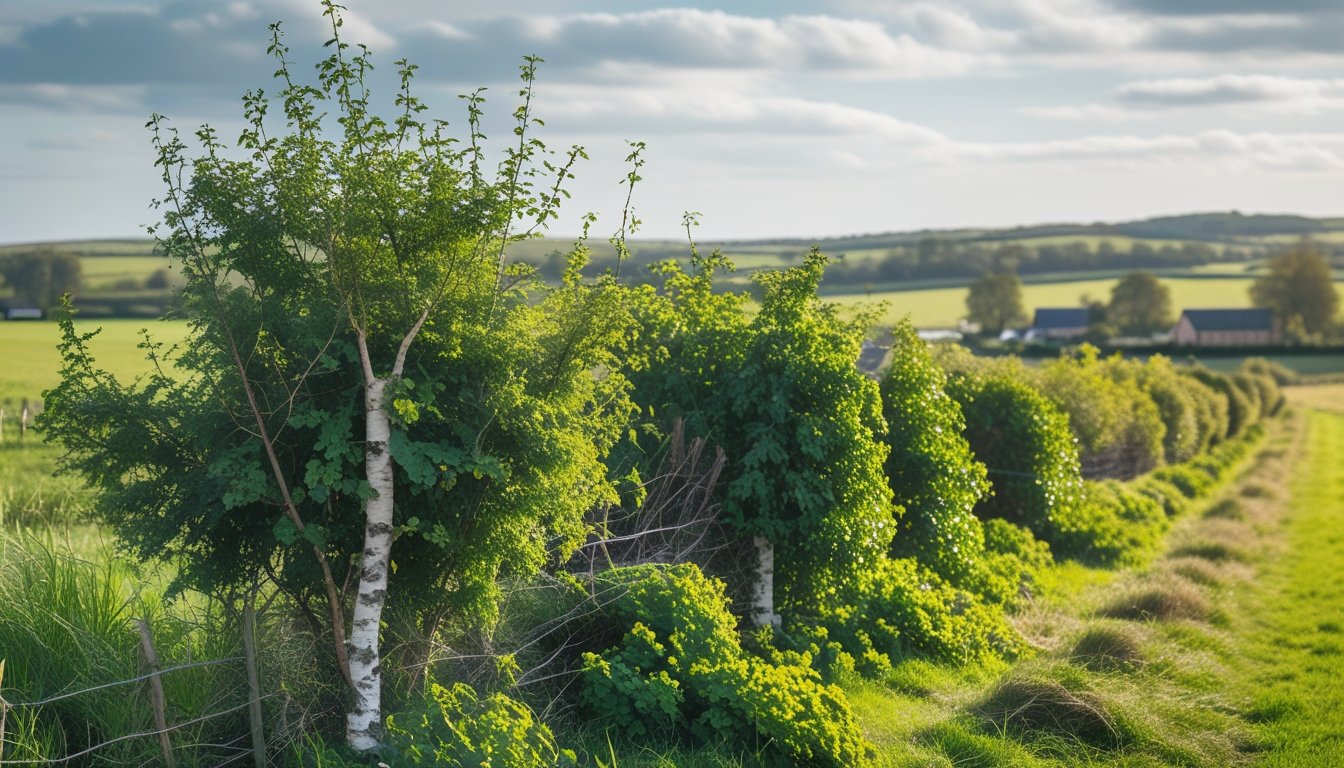 A row of native UK trees and shrubs forming a natural windbreak along a grassy field in the countryside under a partly cloudy sky.