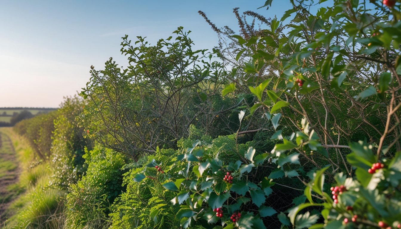 A dense hedge of native UK plants including hawthorn and holly forming a natural windbreak in a rural landscape under a clear sky.