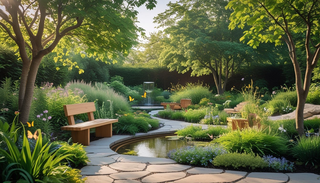 A peaceful garden with native UK plants, wooden benches, stone paths, and a small water feature surrounded by trees and wildflowers.