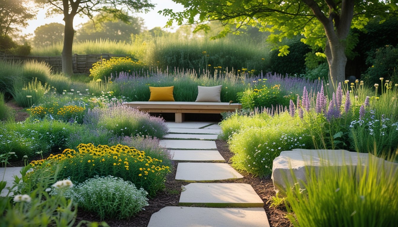 A peaceful garden space with native UK plants like lavender and chamomile surrounding a wooden seating area under soft sunlight.