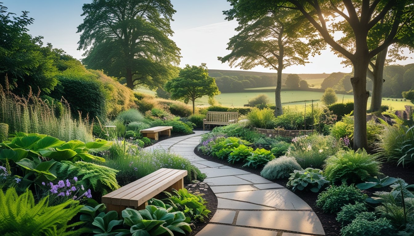 A peaceful garden with native UK plants, wooden benches, and a stone path surrounded by greenery under a clear sky.