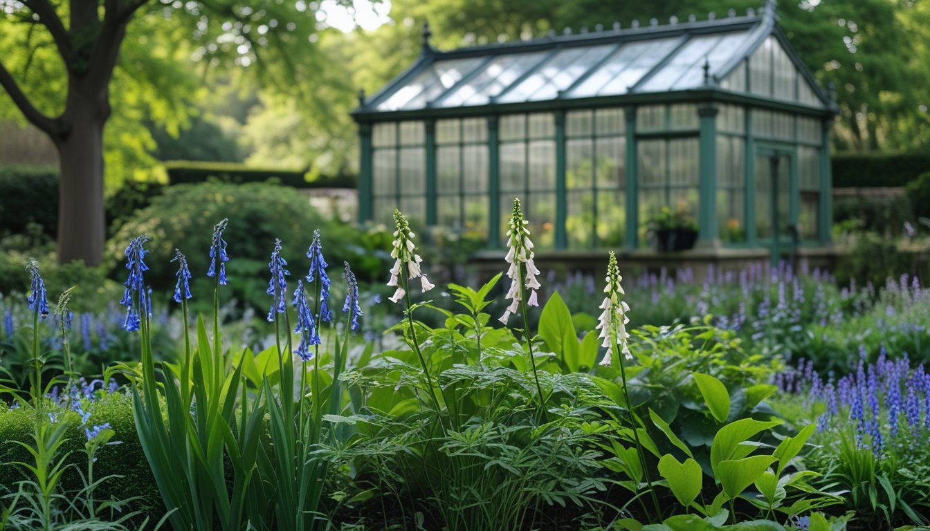 A garden with various UK native plants and a historic greenhouse in the background under soft daylight.