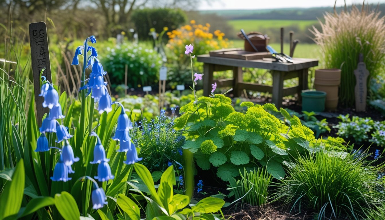 A garden with a variety of native UK plants including bluebells and foxgloves, with gardening tools and wooden markers visible among the greenery.