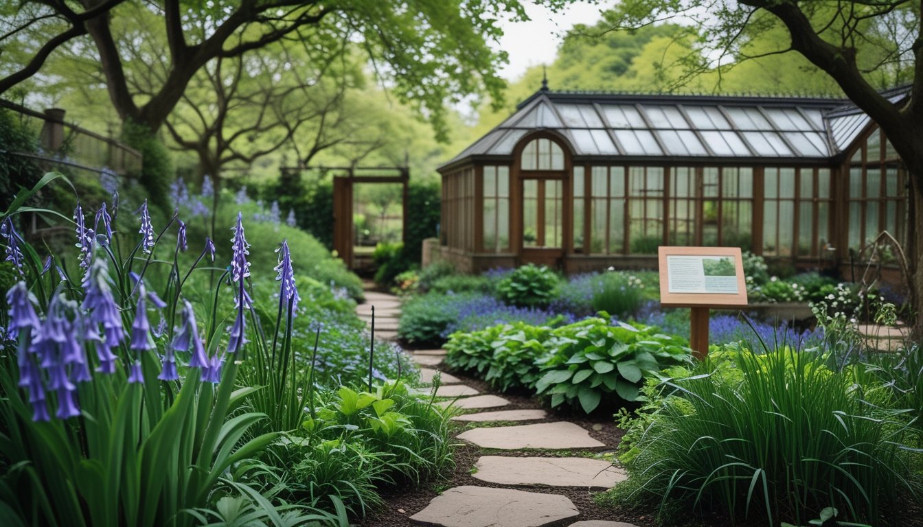 A peaceful garden scene featuring native UK plants and a historic greenhouse in the background under soft daylight.