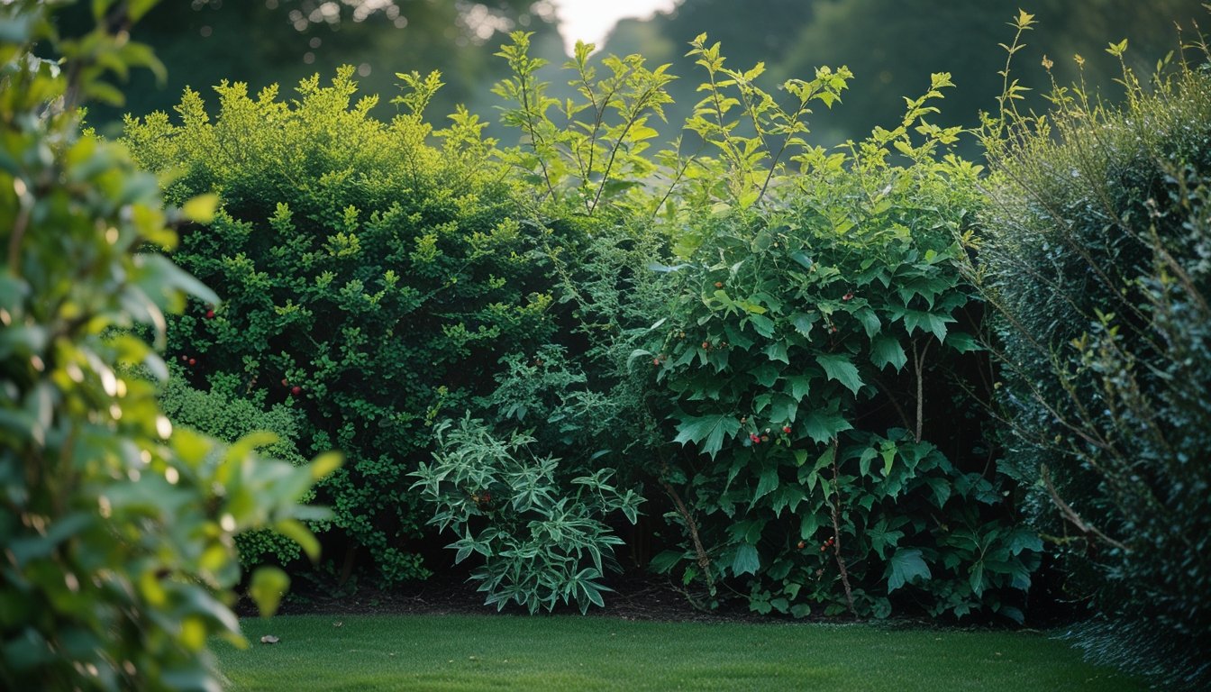 A dense cluster of native UK bushes with green leaves and berries forming a natural privacy screen in a garden.